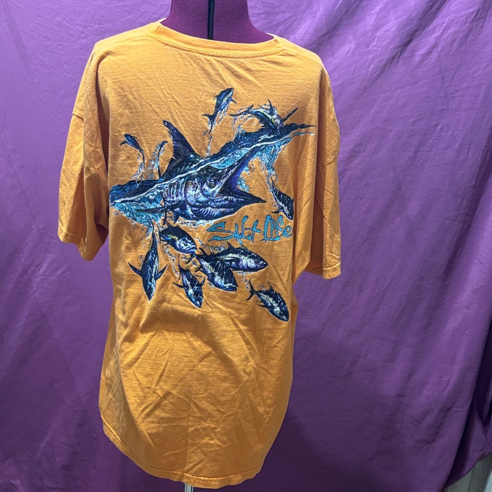 Salt Life Orange Tee with Blue Graphic Fishing Shirt Men’s XXL